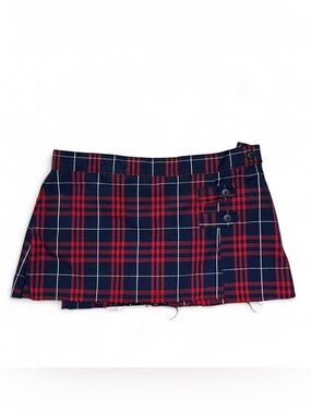 Dennis Plaid Micro Mini Skirt with Button Detail - Navy & Red Plaid
